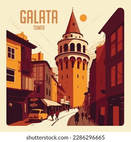 Galata Tower Flach Illustration Warme Farben Sonnenuntergang