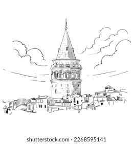 Galata Tower hand drawn pencil drawing. Vector illustration.