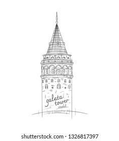 galata tower and istanbul hand drawn, galata tower sketch illustration vector