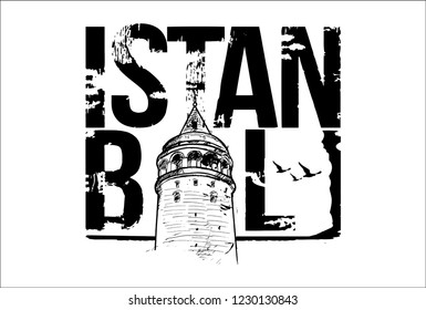 Galata Tower. Istanbul, Turkey city design. Hand drawn illustration.