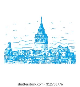 The Galata Tower, Istanbul, Turkey. Vector freehand pencil sketch.