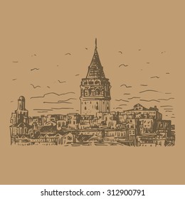 The Galata Tower, Istanbul, Turkey. Vector freehand pencil sketch.