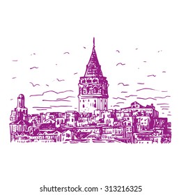 The Galata Tower, Istanbul, Turkey. Vector freehand pencil sketch.
