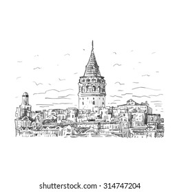 The Galata Tower, Istanbul, Turkey. Vector freehand pencil sketch.
