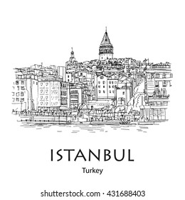 GALATA TOWER, ISTANBUL, TURKEY - view to Golden Horn and Galata tower. Hand created sketch plus vector. Postcard