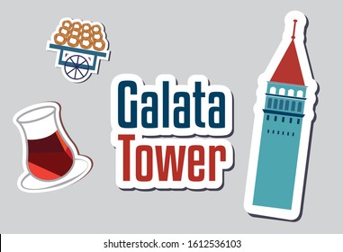 galata tower, seagulls and tea  on the grey background