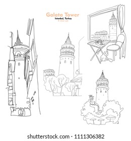 Galata Tower set. Hand drawn vector illustration isolated on background. Four different view of the tower.