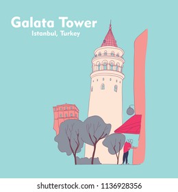 Galata Tower view. Hand drawn vector illustration isolated on background.