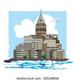 Galata Tower view from seaside. Vector illustration.