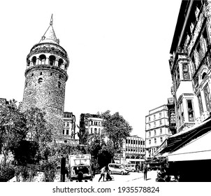 Galata tower from yuksek kaldirim region hill. Karakoy the modern name for ancient Galata is commercial neighborhood to Beyoglu district