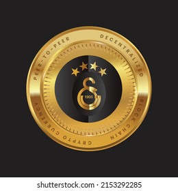 Galatasaray Fan Token (GAL) crypto currency token logo on gold coin black themed design. vector illustration for cryptocurrency symbols, icons, banner, poster, financial projects.