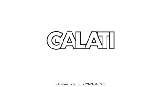Galati en el emblema de Rumania para la prensa y la web. El diseño presenta estilo geométrico, ilustración vectorial con tipografía audaz en fuente moderna. Letras gráficas de eslóganes aisladas en fondo blanco.