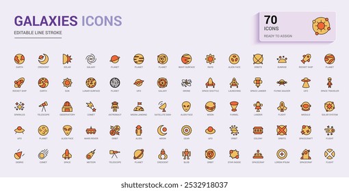 galaxies and Astronomy line and colorful icons set. Space planet, sun, Line and filled color icon collection. Editable stroke and color. Pixel perfect. Vector illustration.