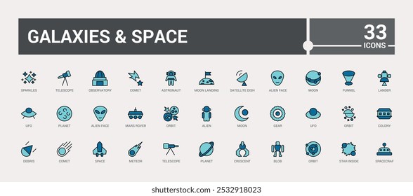 galaxies and space line and colorful icons set. Space planet, sun, Line and filled color icon collection. Editable stroke and color. Pixel perfect. Vector illustration.