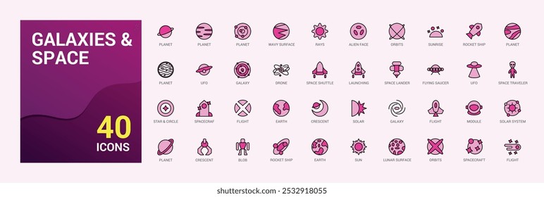 galaxies and space line and colorful icons set. Space planet, sun, Line and filled color icon collection. Editable stroke and color. Pixel perfect. Vector illustration.