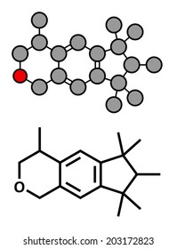 Galaxolide (HHCB) synthetic musk molecule. Used in production of perfumes, soaps, cosmetics, detergents, etc. Stylized 2D rendering and conventional skeletal formula.