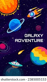 Banner de aventura de Galaxy. Nave espacial voladora y OVNI entre planetas espaciales, estrellas y cometas. Cartel vertical vector de la aventura espacial con fantásticos planetas de galaxia, OVNI y cohetes en el espacio ultraterrestre