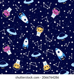 Galaxy adventure with cute fluffy alien monsters, flying ufo and spaceships, stars and constellations, seamless pattern
