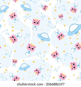 Galaxy adventure with cute fluffy alien monsters, flying ufo and stars with constellations, seamless pattern for kids with outer space theme, fantastic creatures on white background