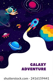 Afiche de aventura de Galaxy. Lanzamiento de nave espacial con cohetes, carácter alienígena, ufo y paisaje de galaxia estrellada con planetas. Antecedentes vectoriales con naves espaciales con viajes de humo blanco en Universo explorar cosmos