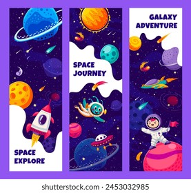 Galaxy adventure and space explore banners. Cosmos exploration, space research vector background with cheerful kid and alien, astronaut characters, spaceships flying in outer space, galaxy planets