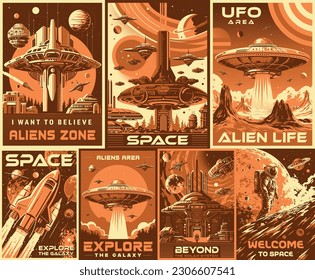 Galaxy adventures monochrome set posters with alien space cities and flying saucers or astronauts with research shuttles vector illustration