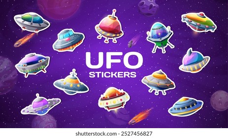 Galaxy alien UFO stickers and Martian space saucers for kids extraterrestrial adventure, vector icons. Cartoon UFO stickers of alien rocket shuttles and spaceship saucers with planets in starry galaxy