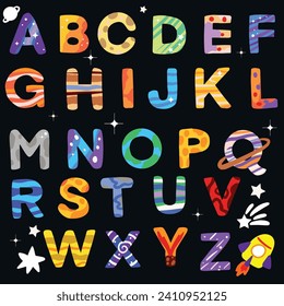 galaxy alphabet space font vector set for school colorful letters set