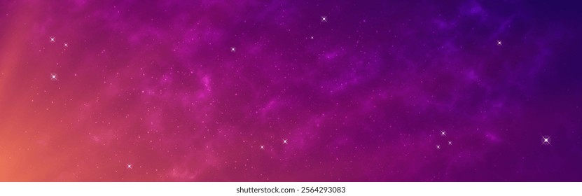 Galaxy background. Bright glowing cosmos. Wide starry wallpaper. Color milky way. Shining universe with stars. Deep space with sunlight and constellation. Vector illustration.