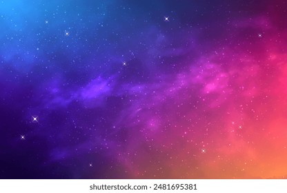 Galaxy background. Color outer space. Glowing universe with bright stars. Fantasy milky way. Violet nebula and constellations. Deep space wallpaper. Vector illustration.