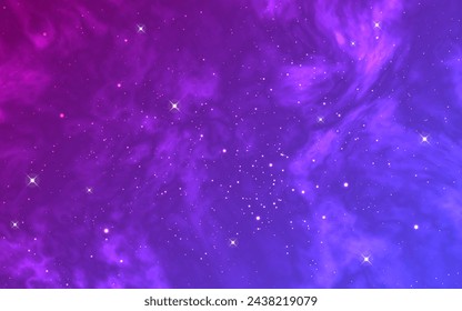 Galaxy background. Color starry universe. Cosmos wallpaper with stardust. Realistic glowing nebula with white stars. Beautiful cosmic backdrop. Vector illustration.