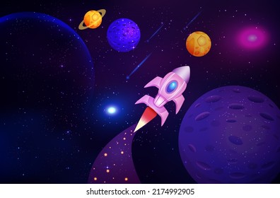 Galaxy background with colorful planets and rocket template