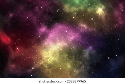 Galaxischer Hintergrund. Farbige Sternnebel. Realistisches Universum mit leuchtenden Sternen. Kosmischer Sternenstaub-Effekt. Farbstruktur mit Sternbildern. Außenweltraumhintergrund. Vektorgrafik.