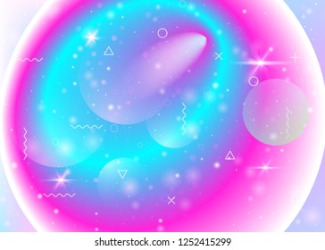Galaxy background with cosmos and universe shapes and star dust. Holographic futuristic gradients. Fantastic space landscape with planets. 3d fluid with magic sparkles. Memphis galaxy background.