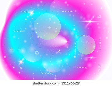 Galaxy background with cosmos and universe shapes and star dust. 3d fluid with magic sparkles. Fantastic space landscape with planets. Holographic futuristic gradients. Memphis galaxy background.