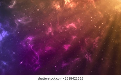 Galaxy background. Glowing outer space. Magic starry universe with bright beams. Color cosmos with shining stardust. Beautiful cosmic texture. Vector illustration.