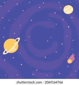 Galaxy background with Jupiter, Saturn as planets and a comet coming down in a purple sky full o stars, looking at the milky way