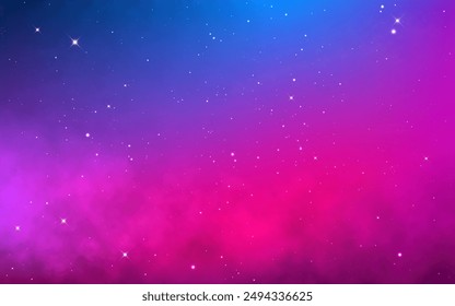 Galaxy background. Magic purple gradient with soft clouds. Bright cosmos texture. Beautiful nebula with shining stars. Deep colorful universe. Vector illustration.