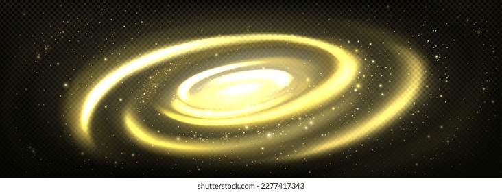 Galaxy background with nebula in outer space. Abstract illustration of deep cosmos, magic gold spiral light clouds with shine and sparkles isolated on transparent background, vector realistic design