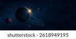 Galaxy background with planets and sunlight against the backdrop of shining stars. Abstract planet with ring around. Starry night sky. Scientific research presentation backdrop. Vector illustration