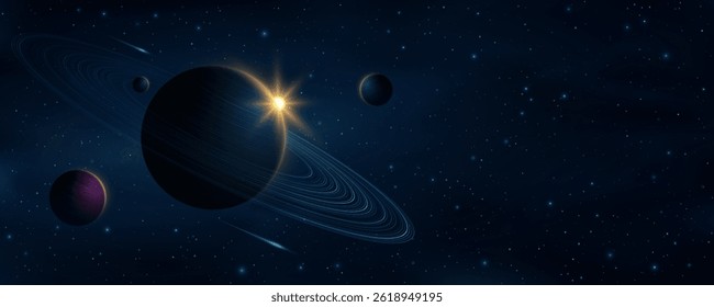 Galaxy background with planets and sunlight against the backdrop of shining stars. Abstract planet with ring around. Starry night sky. Scientific research presentation backdrop. Vector illustration