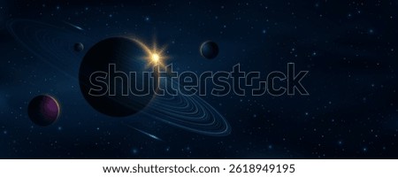 Galaxy background with planets and sunlight against the backdrop of shining stars. Abstract planet with ring around. Starry night sky. Scientific research presentation backdrop. Vector illustration