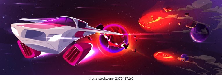 Galaxy background with spaceship and planet vector illustration. Star in cosmos universe near asteroid fire explosion and flying fantasy rocket journey. Abstract starry outer fantasy cosmic boom