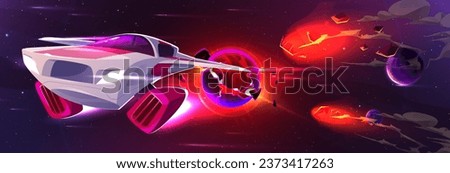 Galaxy background with spaceship and planet vector illustration. Star in cosmos universe near asteroid fire explosion and flying fantasy rocket journey. Abstract starry outer fantasy cosmic boom