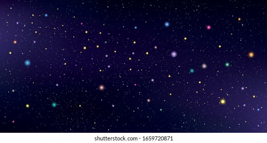 Galaxy background. Stardust in deep universe and bright shining stars in universe. Dark purple sky and colourful stars. Vector illustration.