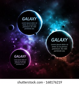 Galaxy background with three planets for text, eps 10