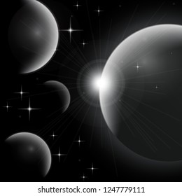 Galaxy background Universe with planets and bright stars. Cosmic abstract vector illustration for your design.