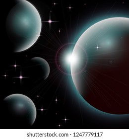 Galaxy background Universe with planets and bright stars. Cosmic abstract vector illustration for your design.