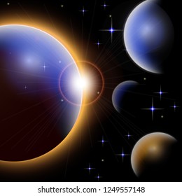 Galaxy background Universe with planets and bright stars. Cosmic abstract vector illustration for your design.