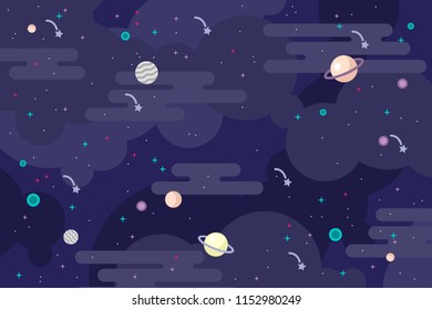Galaxy background vector illustration. Cosmic outer space with sun, stars with rings and meteors. Infinity astrology and astronomy objects. Purple, glowing and dark planetary with round elements.
